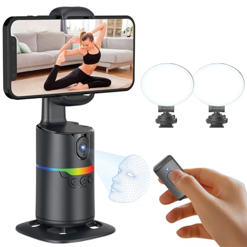 Auto Face Tracking Tripod Desk Mount with 2 Fill Lights 360° Rotating Phone Holder for iPhone, Smart AI Motion Tracking Phone Stand, Gesture Control, No App, Rechargeable Content Creator Essentials