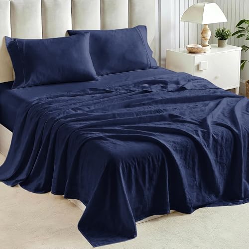 Image of Tokokimo King Sheet Set 4 Piece, Super Soft Washed Cotton-Linen Feel Microfiber, 16 inch Deep Pocket Fitted Sheet, 1 Flat Sheet, 2 Pillowcases, Breathable Bed Sheets, Navy Blue