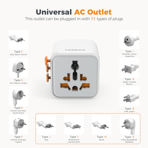 Image of TESSAN Universal Travel Adapter International Plug Adapter 25W 1 AC Outlet + 2 Pin Extra Charging Ports 150+ Countries Worldwide Travel Adapter with Surge Protection with GaN Fast Technology