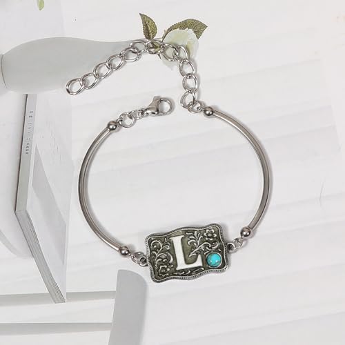 Image of Belt Buckle Bracelet Initial Letter A-Z Bracelets Western Cow Tag Bracelet Belt Buckle Necklace Western Style Initial Letter Pendant Necklace