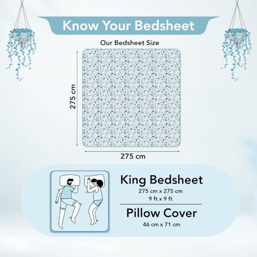 Image of Divine Casa Cotton King Size Bedsheet | 210 TC Soft Breathable Pigment Twill Satin Bed Sheet with 2 Pillow Covers | Luxury Bedding Set | 275 x 275 cm (Sky Blue, Floral)