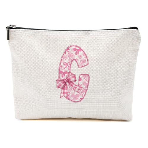 Pink Bow C, Alphabet Makeup Bag for Women, Personalized Gifts for Women