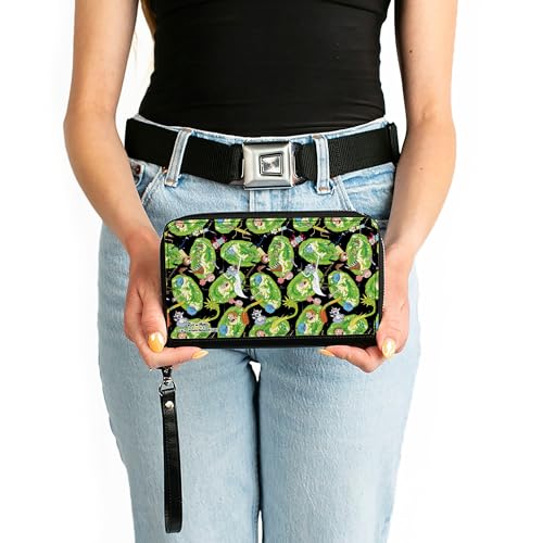 Buckle-Down Rick and Morty Wallet, Zip Around, Rick and Morty Portal Multi Character Scattered Black/Green, Vegan Leather3
