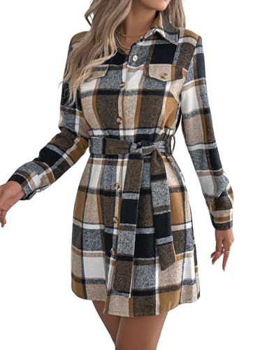 IDEALSANXUN Plaid Dresses for Women 2025 Fall Winter Casual Wool Flannel Corduroy Sweater Mini Button Down Shirt Dress with Belt, Brown, M