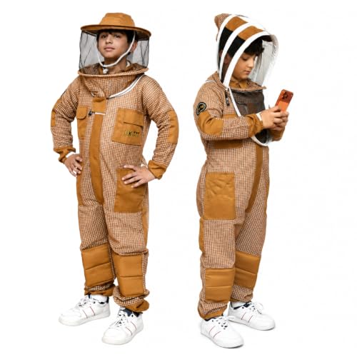 Image of Kids Bee Suit, 3 Layer Ventilated Beekeeping Suit with Gloves & 2 Veils, Protective Beekeeper Suit for Children Boys Girls (KID Brown S)