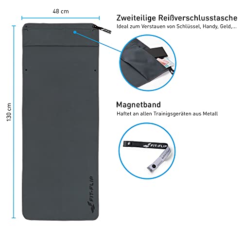 Fit-Flip Fit-Flip Fitness Handtuch aus Mikrofaser - mit Magnet und Reißverschluss Tasche - Fitnesshandtuch für Sport und Gym - Kompakt & Schnelltrocknend - Sporthandtuch Fitnessstudio - Dunkelgrau - 130x48cm - Detailansicht 2 | TV | Video | Foto