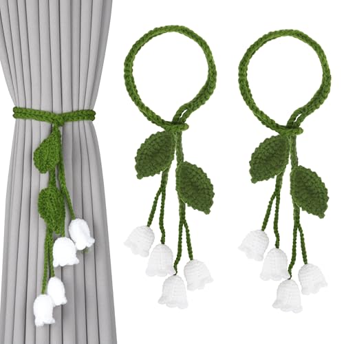 OCIOLI 2 Pack Boho Handmade Flower Curtain Tiebacks Curtain Holdbacks - No Drill Rope Curtain Holder, Drapery Holdback Decorative Pull Backs for Nursery & Bedroom Decor (2, Lily of The Valley)