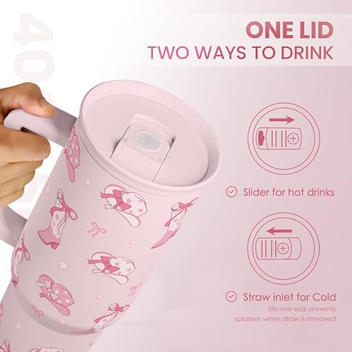 Image of SANDJEST Cowgirl 40oz Slider Tumbler with Handle and Straw - Insulated Stainless Steel Travel Coffee Mug for Women Girls, Gift for Birthday, Christmas