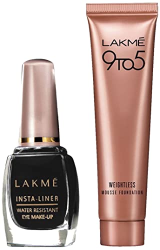 Image of LAKME Insta Matte Finish Gel Eye Liner, Black, Water Resistant, Long-Lasting, 9Ml & 9 To 5 Weightless Mousse Foundation, Rose Ivory, 6G