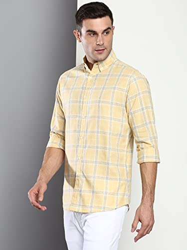 Image of Dennis Lingo Men's Checkered Slim Fit Cotton Linen Casual Shirt with Button-Down Collar & Full Sleeves