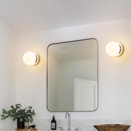 Image of Modern Chrome Globe Wall Sconce，Single Light with Milk Glass Shade | 6 inch Minimalist Spherical Vanity Sconces,Contemporary Small Brass Ball Lights Fixture for Entryway Bedside Bathroom,E26 Base