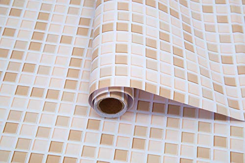 Mosaic Wallpaper Self-Adhesive Removable Thick Peel and Stick Wallpaper 3D Effect Matte Cleanable Bathroom Kitchen Shelf Paper Countertop Mosaic Wallpaper Light Brown Wallpaper 15.7