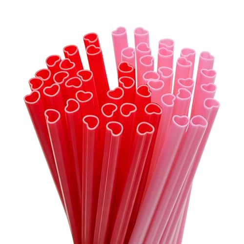 50 pitillos plásticos desechables en forma de corazón rojo y rosa miniatura 1