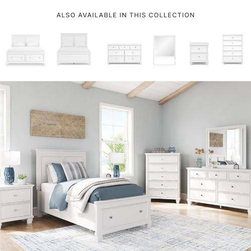 Image of Signature Design by Ashley Fortman Twin Panel Storage Bed, White | Wood and engineered wood, 1 extra deep footboard drawer, Includes roll slats, Traditional style, Youth bedroom furniture