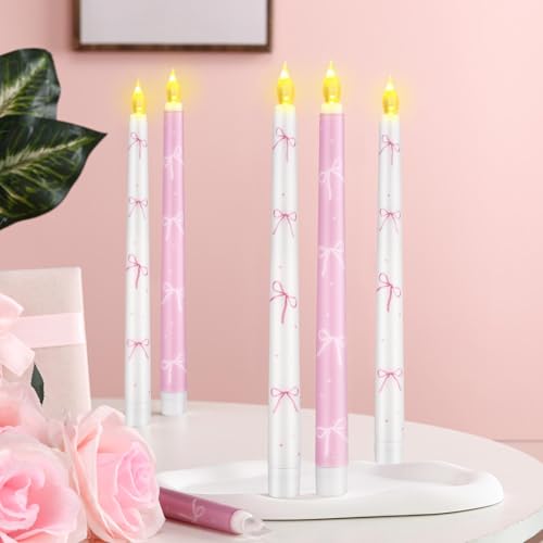 Image of Conelist 6 Pcs Pink Bow Flameless Taper Candles 10.6 Inch Coquette LED Battery Operated Candles for Birthday Bridal Wedding Dinner Room Decor