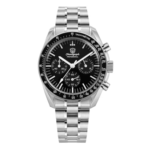 Watchdives 39mm Chronograph Watches for Men - WD1863 VK63 Sweep Hand Movement Wrist Watch with Bubble Sapphire Crystal, 10 Bar Waterproof Stainless Steel Bracelet (Black/Version 2)