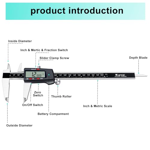 Kynup Messschieber Digital, 200mm/ 8-Zoll Digitale Schieblehre Edelstahl Messwerkzeug mit LCD-Display, Elektronischer Messschieber, Zoll/Metrisch/Fraktion Konvertierung, Auto-Off-Design