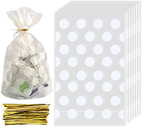 EnenesPolka Dot Treat Bag 100 PCS Gusset Bags with Gold Twist Ties 5.2 x 8.4 INCH Cellophane Goody Bags with Bottom for Party Favor Candies and Cookies (White Dot bag)