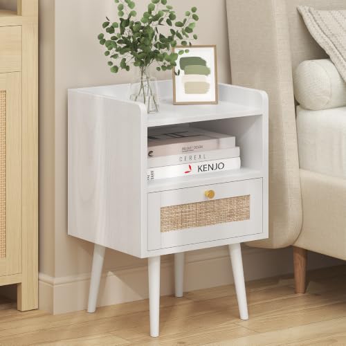 Image of Rattan Nightstand Set of 2 with Charging Station, Modern Boho Bedside Table