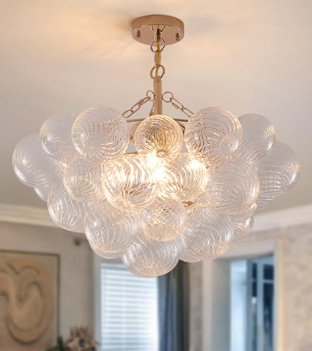 MEIXISUE Modern Glass Ceiling Light,5 Light Nordic Bubble Ball Swirled Glass Globe Chandeliers Gold Light Fixtures for Bedroom Dining Room Living Room Kitchen Entryway D25.2IN UL Listed