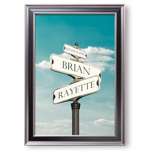Street Sign clear sky Framed Arts Gift Your Names,the Date and romantic verses or write your own message Gift for Anniversary.With Different Frame Styles Framed Size:27 5/8X19 5/8 inches
