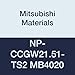 Mitsubishi Materials NP-CCGW21.51-TS2 MB4020 CBN CC Type Petit Tip Positive Turning Insert with Hole, General Cutting Rhombic 80?, Grade MB4020, TS Honing/No Wiper, 2 Tip, 0.016" Corner Radius