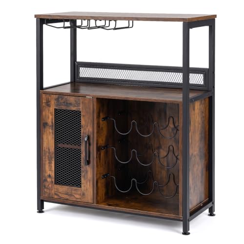 Miniatura 8 de Giantex Mueble Organizador De Bar Con Estantes Para 9 Botellas Y 3 Portavasos, Armario Para Vino Con Puerta De Rejillas, Kit Antivuelco, 75 X 34 X 90,5 Cm, Aparador Para Cocina, Comedor