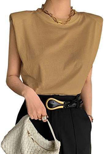 Meladyan Women’s Solid Cotton Padded Shoulder Sleeveless Tee Vest Crew Neck Loose Tank Tops Khaki