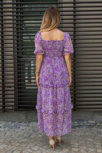 Image of Sheetal Associates Women's Floral Puff Sleeve High Waist A Line Flowy Long Dress