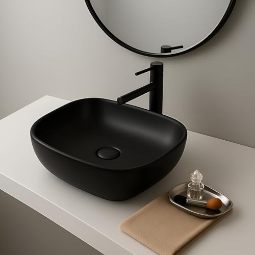 Image of OSOSAM Premium Designer Table Top Ceramic Wash Basin /Vessel Sink with Slim Rim for Bathroom (18 x 13 x 5.5 Inch) (Black)
