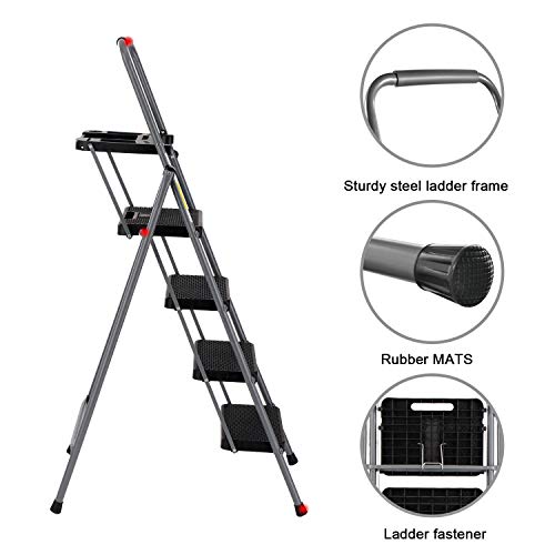 CharaVector 4 Step Ladder, Lightweight Folding Step Stool with Tool Platform and Convenient Handgrip, Sturdy Wide Pedal for 330 lbs Capacity