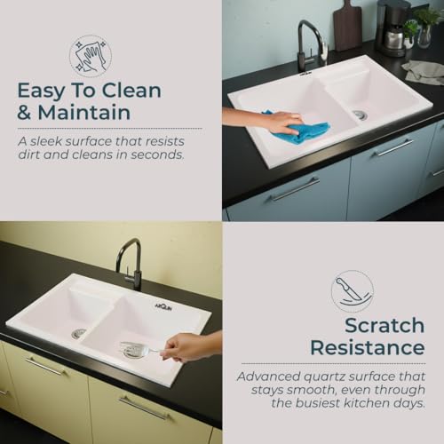 Image of ARQUIN Double Bowl Quartz Kitchen Sink 31x18x9 Inch Rosa | Durable & Scratch-Resistant Sink | Undermount,Topmount | Including Coupling,Sink Connector,Waste Pipe & Fruit Washing Basket