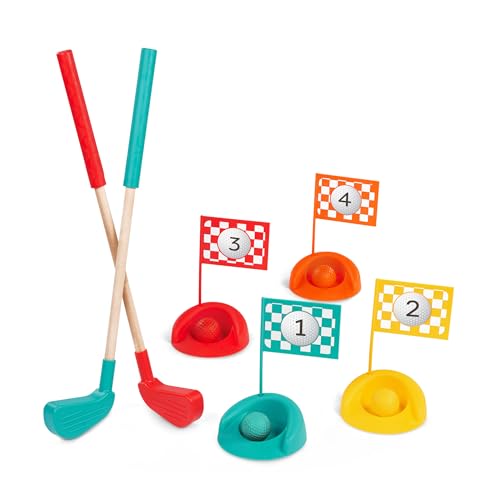 Image of B. toys Toy Golf Set, Hole-in-Fun with Wooden Clubs, 15-Piece Play | 15-piece mini golf set with 2 clubs, 4 balls, 4 cups, 4 numbered flags, storage bag, indoor or outdoor play, ages 3 years +