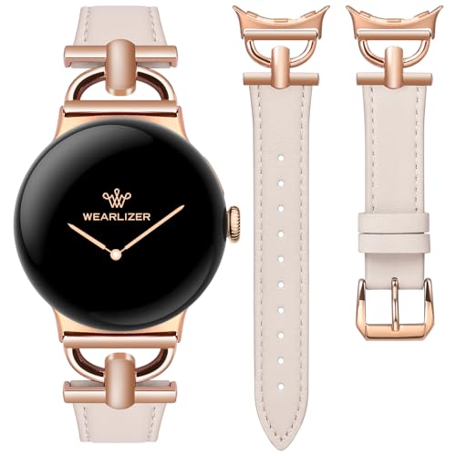 Image of Wearlizer Leather Bands Compatible with Google Pixel Watch 4 /3 41mm /Pixel Watch 2 /1 Band Women, Dressy Designer Slim Leather Strap with D-Shape Metal Buckle for Pixel Smartwatch Accessories