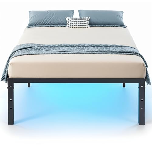 FurnitureR Single Metal Platform, Bed Frame with RGB LED Light, Minimalist Adults Bed Base, Strong...