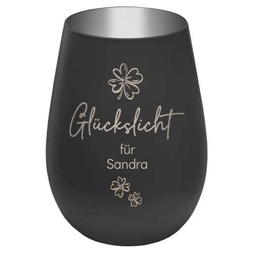 Graviertes Windlicht Glückslicht - personalisierbar mit Wunschtext - Schwarz/Silber - Höhe 12 cm - Geschenk Teelichthalter Kerzenglas