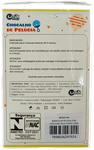 Boneca de Pelúcia com Chocalho Azul e Rosa Loira, Unik Toys