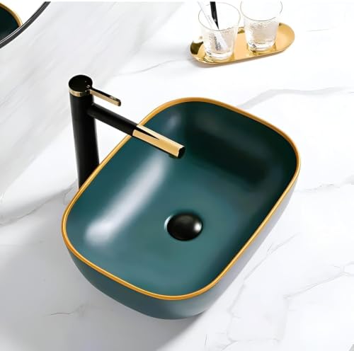 Image of OSOSAM Premium Designer Table Top Ceramic Wash Basin /Vessel Sink with Slim Rim for Bathroom (18 x 13 x 5.5 Inch) (Matte Green)