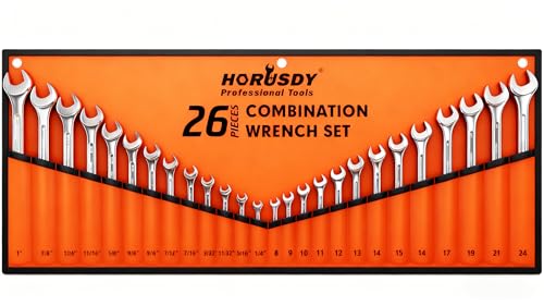 HORUSDY 26-Piece Durable Combination Wrench Set with Roll-up Pouch, Open End Wrench Set for General...