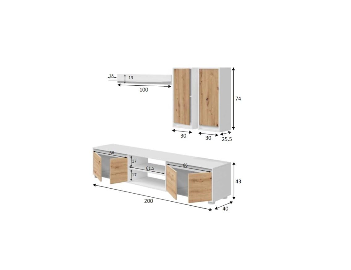 Dmora Parete Attrezzata Wells 40x200x114h cm Bianco 7 Ripiani 6 Ante, 8 Vani