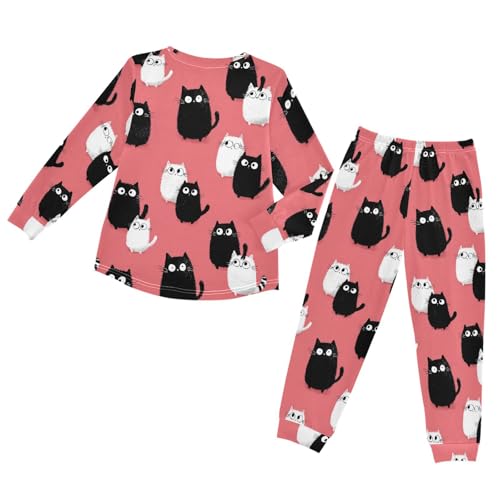 Cats on Pink Background Soft Pajama Set for All Seasons,Breathable Pjs Long Sleeve Sleepwear,Comfy Loungewear 2 Piece Underwear Set 8T2
