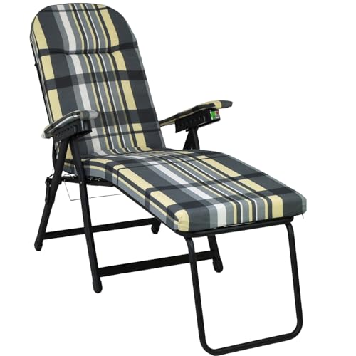 Marvin Poltrona Sdraio da Giardino con Poggiapiedi Barbara, Sdraio Reclinabile Regolabile, Sedia Sdraio Cuscino Imbottito 7 cm Braccioli Relax per Interno o Esterno (Grigio/Avorio Scozzese)