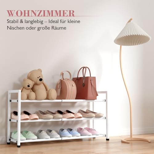 Image of Bumusty 3-Tier Expandable Shoe Rack for Closet, 18 inch-33 inch Adjustable Shoe Rack for Small Space, Small Shoe Organizer for Front Door, Sturdy Metal, White