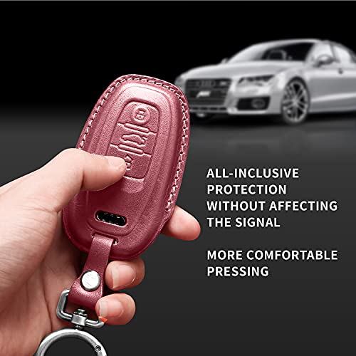Image of Tukellen Compatible with Audi Key Fob Cover Genuine Leather with Keychain,Leather Key Case Key Shell Compatible with Audi R8 Q5 Q7 S3 S4 S5 S6 S7 S8 SQ5 RS5 RS7 A4 A5 A6 A7 A8 Keyless Entry-Pink