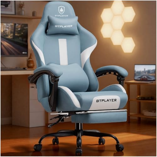 Image of GTPLAYER Gaming Chair with Foot Rest & Pocket Spring Cushion, Ergonomic High Back Computer Desk Chair with Headrest & Lumbar Support for Back Pain Relief, Breathable Fabric, Blue