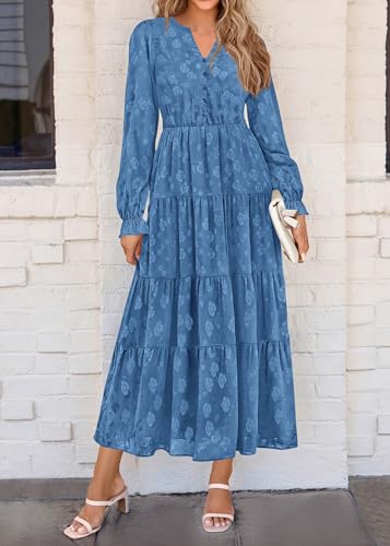 Image of KIRUNDO Spring Wedding Guest Dresses for Women 2026 Maxi Floral Long Sleeve Elegant Ruffle Tiered Flowy Party Long Dress