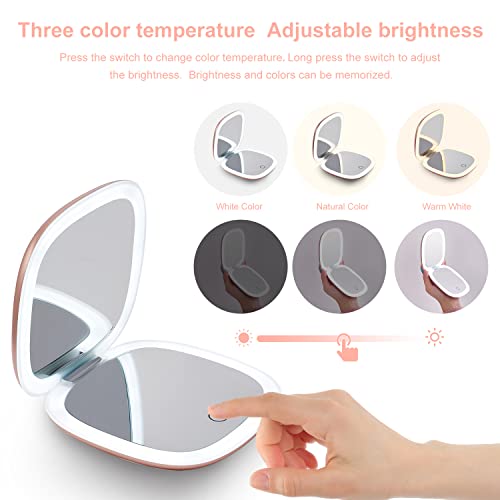 Compact Led Magnifying Travel Makeup-Mirror - 4 Inches 1X/10X Magnification Small Hand Pocket Dimmable Double Sided Usb Rechargeable Touch Screen, Portable Tabletop Cosmetic (Rose Gold) #TOP2