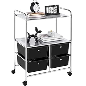 Yaheetech Rolwagen met 4 schuifladen, rolcontainer met 2 legplanken, badkamerrek bijzetwagen kapperswagen, 63,5 x 39 x…