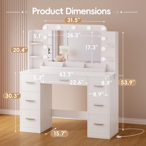 Image of Furmax Vanity Desk with Hollywood Style Mirror with LED Lights, Makeup Table Vanity with 2 AC Outlets and1 USB&1 Type-C Port, Adjustable Lighting, Modern Ample Storage Drawers Dressing Table (White)