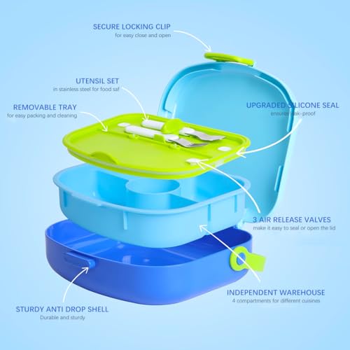 Image of Supvox Kids Lunch Box - Bento Box with 4 Compartments 1300 ML ABS and Steam Heating Compatible with School Tiffin Box for Boys Girls Leak Proof Portable Food Container (Blue)